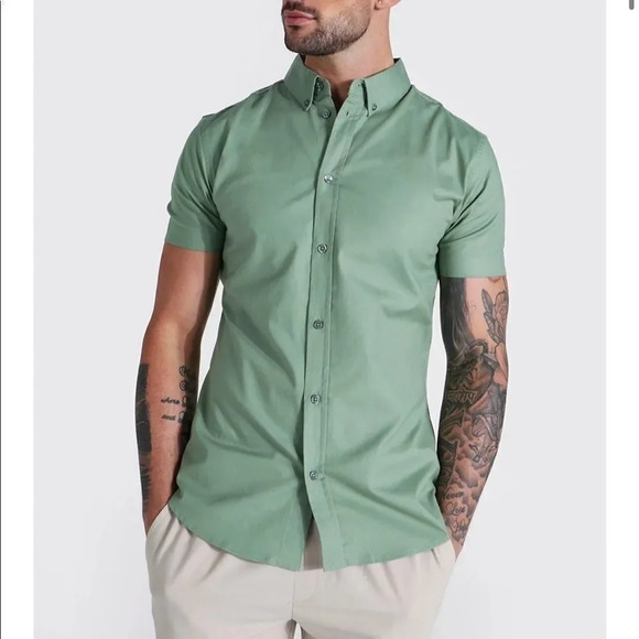 Short Sleeve Plain Oxford Muscle Shirt - Picture 1 of 10